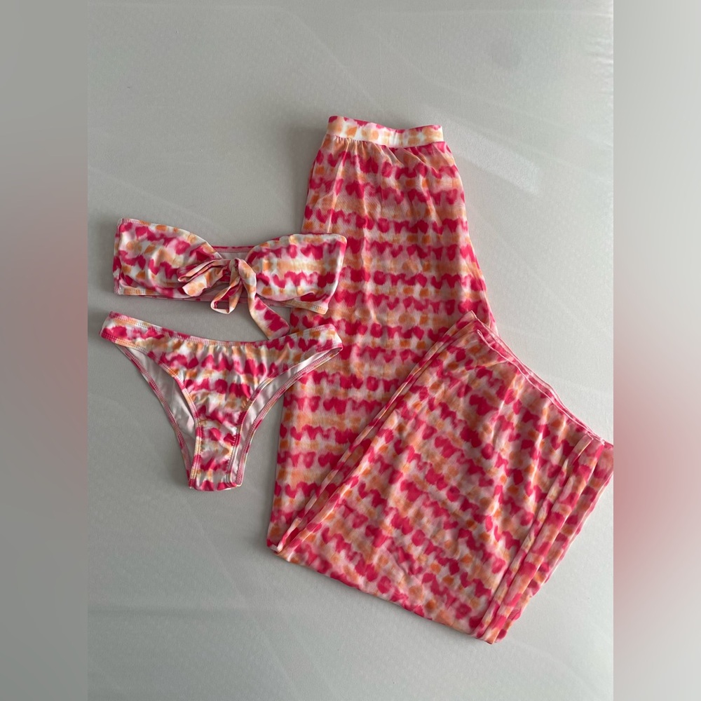 Pink Orange Tie Dye 3 Piece Bikini & Cover Up Pants Set Size S